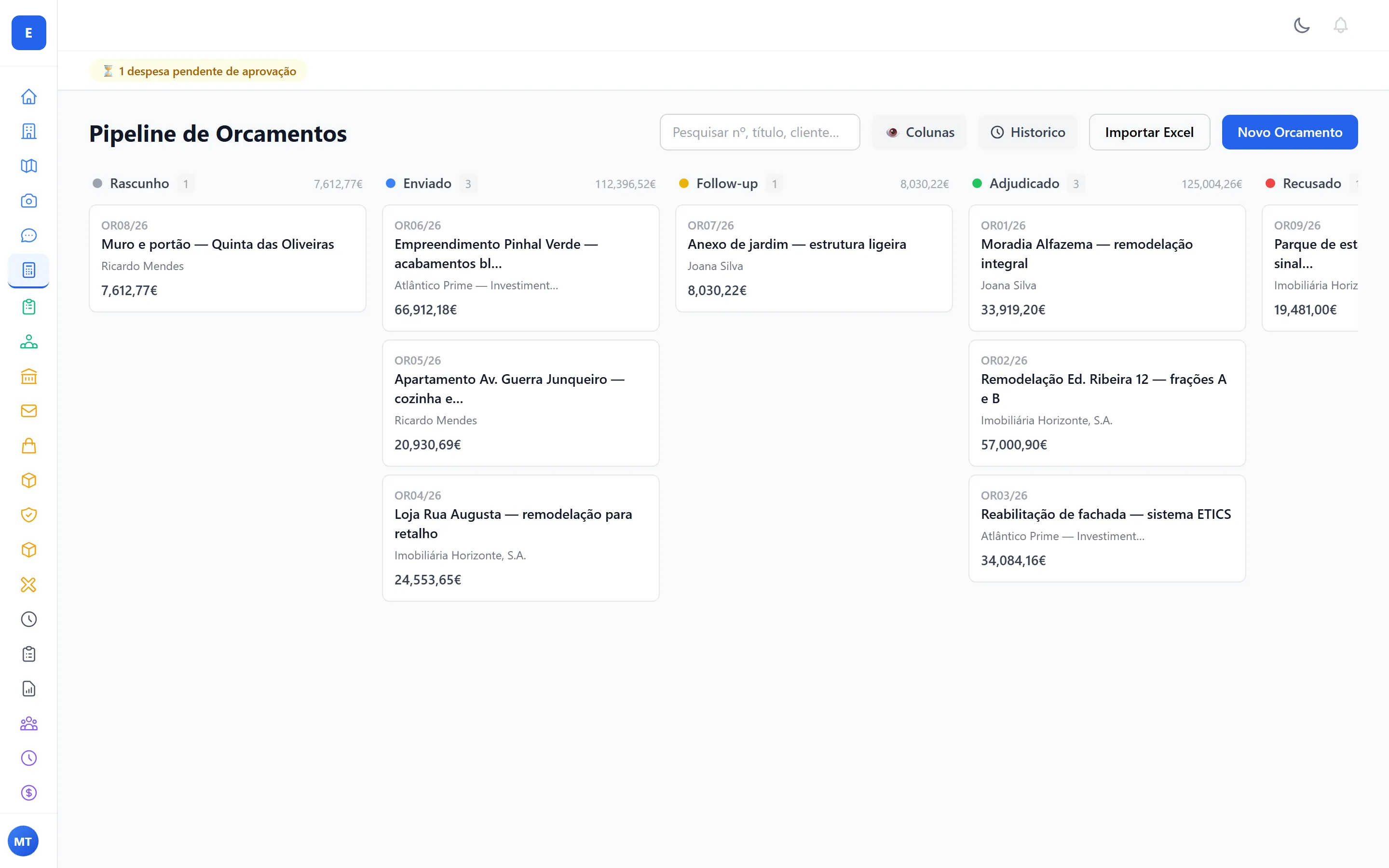 Pipeline de orçamentos em kanban com totais por coluna, do rascunho à adjudicação