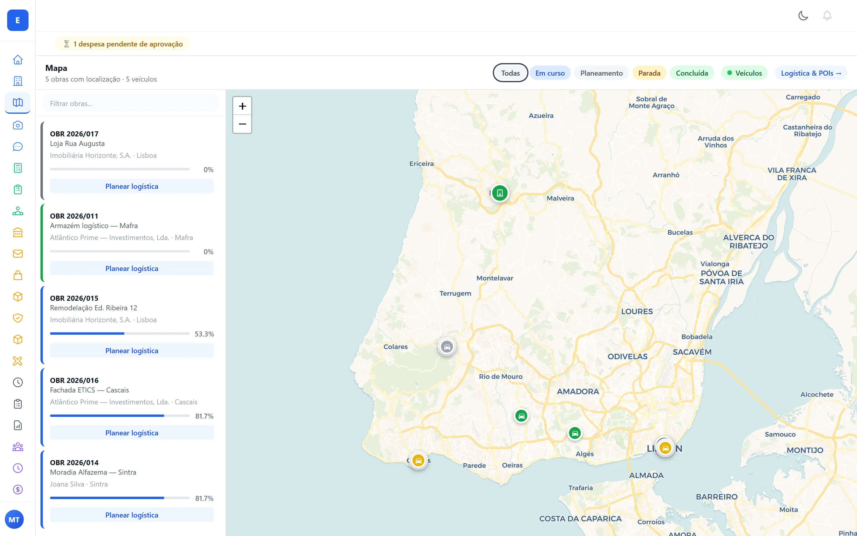 Mapa do Empreitek com as obras no distrito de Lisboa e os veículos da frota em tempo real