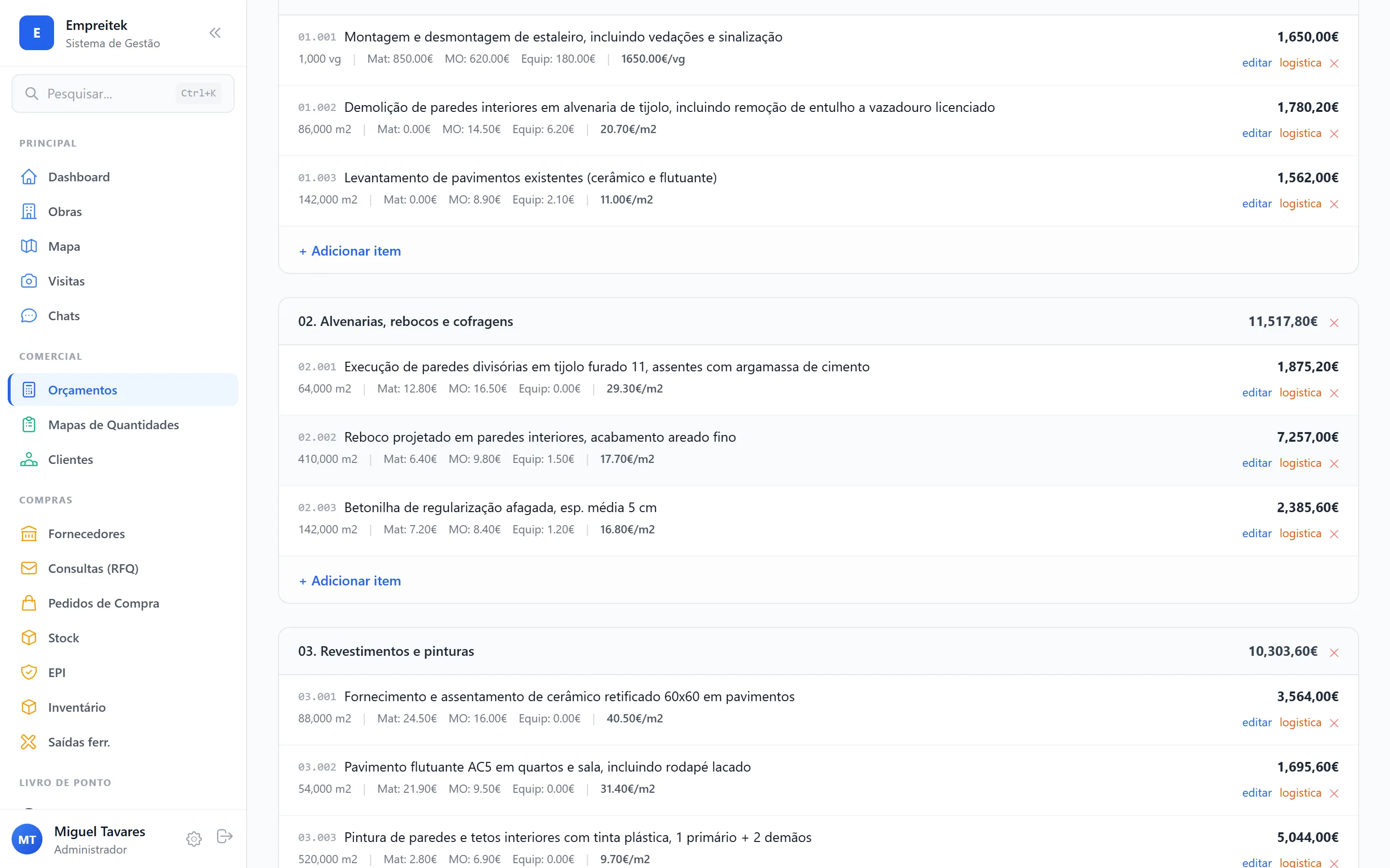 Orçamento no Empreitek com capítulos e artigos: material, mão de obra e equipamento por linha, totais por capítulo